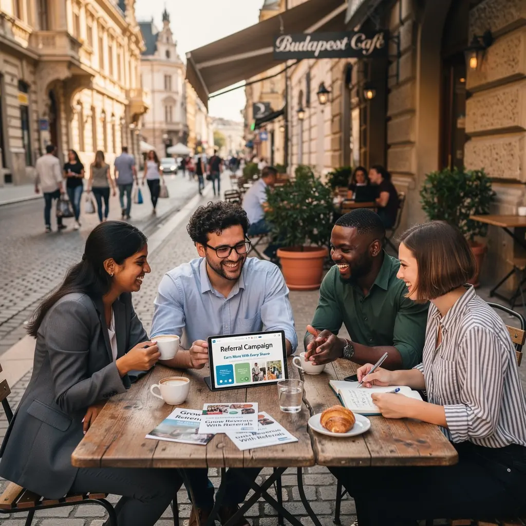 Két barát beszélget, miközben egy márkát ajánlanak egymásnak, örömmel és izgalommal.
